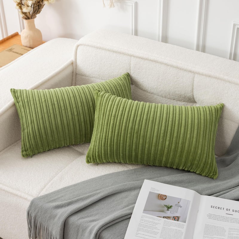 UGS UGASA UGASA Pack of 2, Velvet Pillow Covers Striped, Soft Textured Throw Cushion Case Set, Accent Corduroy Lumbar Pillowcases with Hidden Zipper for Home Decor Indoor Outdoor (12"x20", Green) - Image 1
